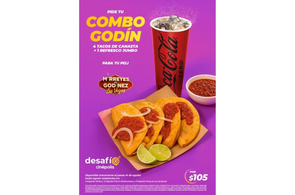 Combo godín de Cinépolis incluye orden de tacos de canasta