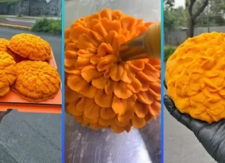 Concha con forma de flor de cempasúchil en la CDMX Concha con forma de flor de cempasúchil en la CDMX