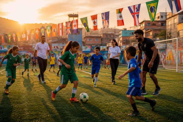 fotografía hiperrealista editorial de niñas y niños jugando futbol en una comunidad vulnerable, entrenadores y voluntarios en una cancha comunitaria moderna, ambiente esperanzador y multicultural, banderas del Mundial 2026, iluminación cálida al atardecer, estilo documental deportivo y social, enfoque en educación y desarrollo infantil a través del futbol, ultra realista, alta resolución 4k, sin texto, sin ilustraciones