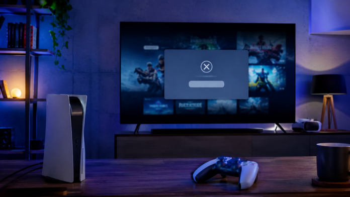 Fotografía editorial hiperrealista de una consola de videojuegos de nueva generación conectada a un televisor mientras en la pantalla aparece un mensaje de conexión a una tienda digital no disponible, ambiente moderno, estilo revista de tecnología y gaming, formato horizontal 16:9, sin texto, sin logotipos, sin marcas de agua.