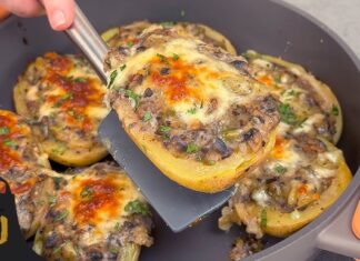 Receta para una papa rellena de champiñones y carne