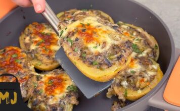 Receta para una papa rellena de champiñones y carne