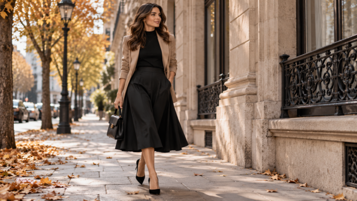 La falda midi negra se convierte en el básico elegante del otoño 2026